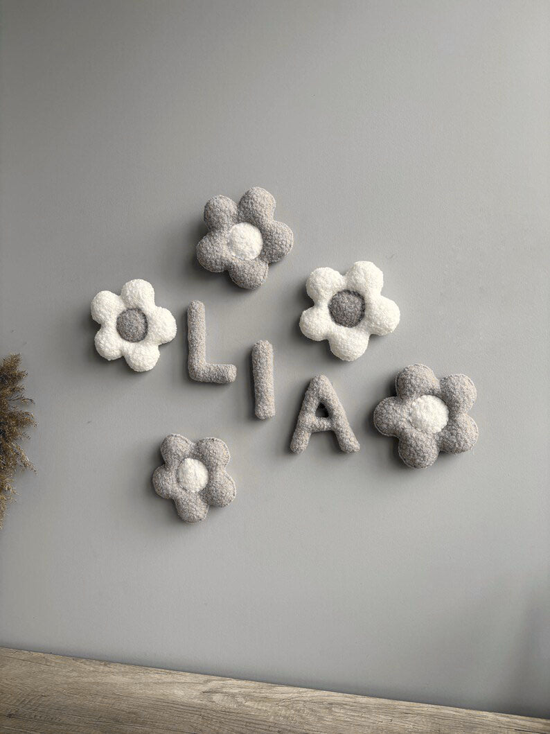 Personalized bouclé Wall Decor Baby Name - Gray / White-2
