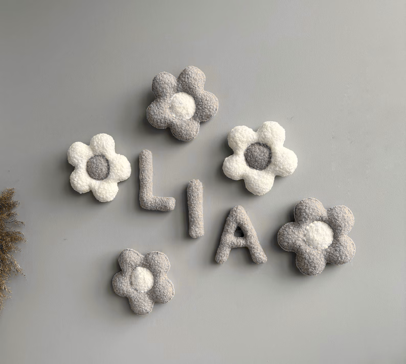 Personalized bouclé Wall Decor Baby Name - Gray / White-3